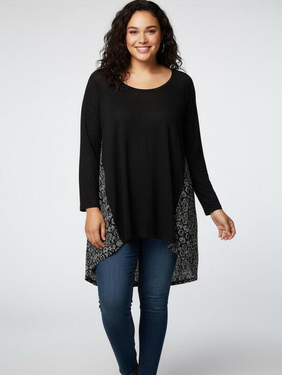 Tops - Black Long Sleeve Tunic with Patterned Side Panels